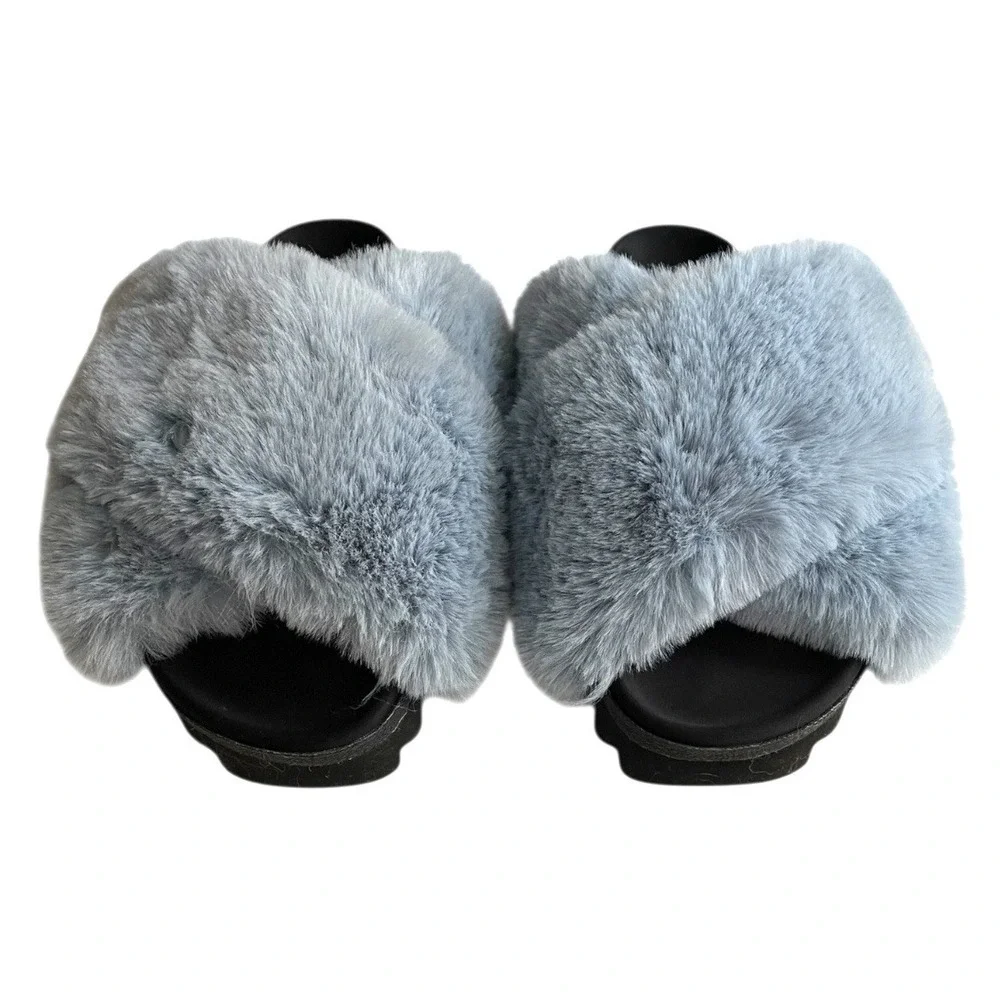 NWOT ROAM‎ Cloud Slipper Slides Icy Blue Furry Sz 37 Faux Fur Chic Fuzzy